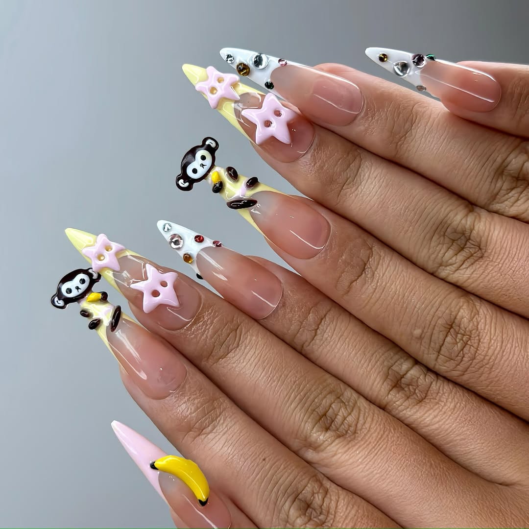 Monkey Fun 3D Press On Nails with Bananas, Stars and Cartoon Accents