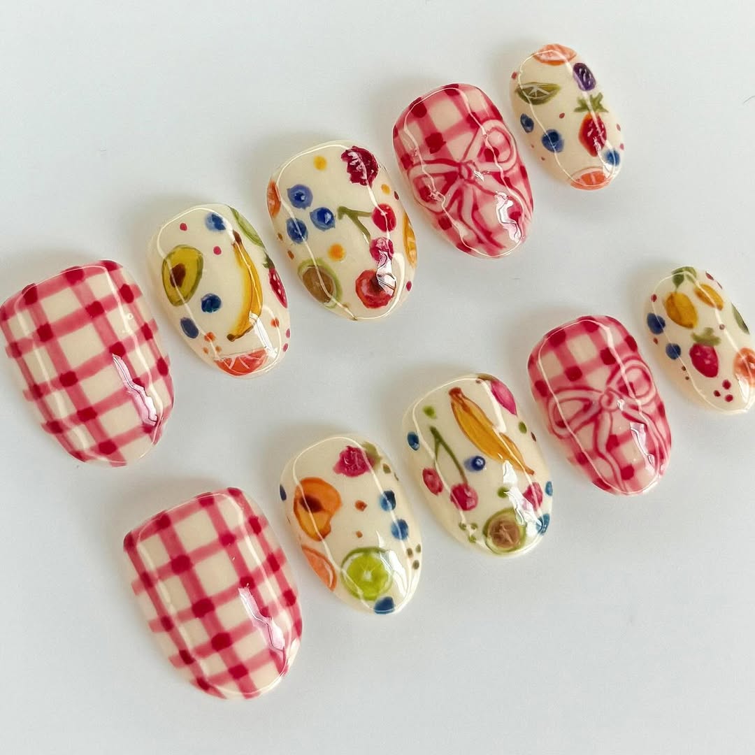 Fruity Picnic Press On Nails with Gingham and Bow Design