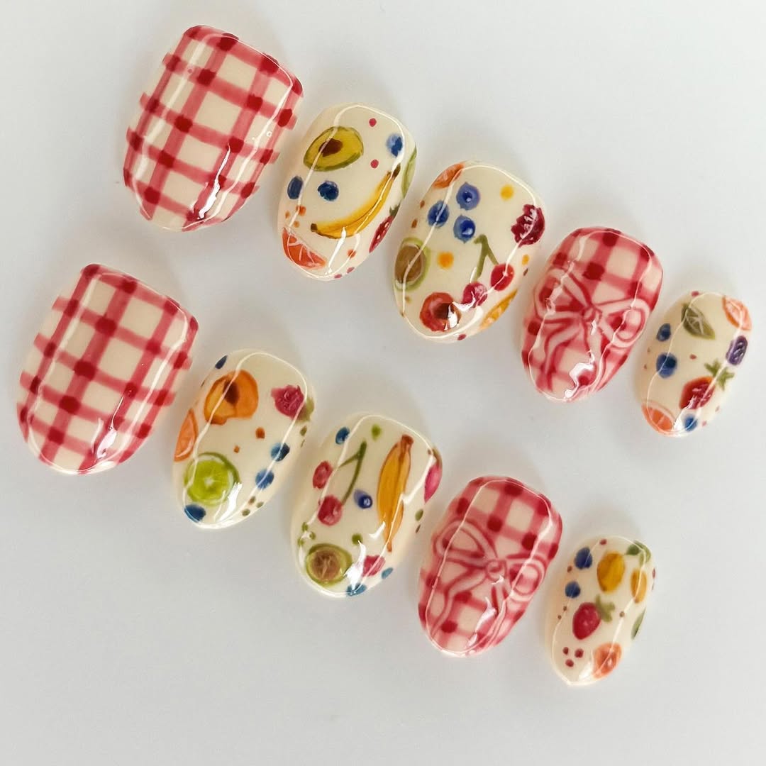 Fruity Picnic Press On Nails with Gingham and Bow Design