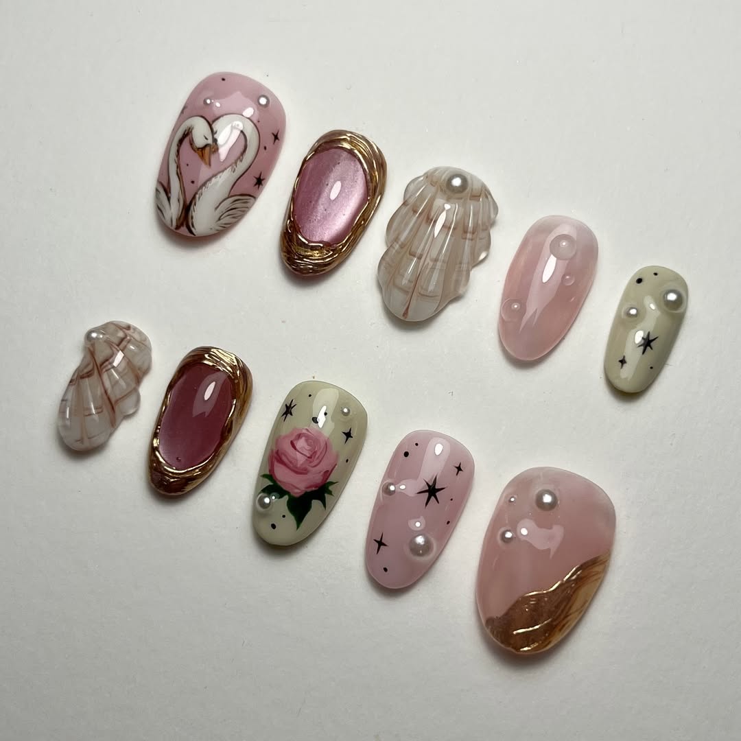 Fairytale Romance 3D Press-On Nails with Swans, Roses & Pearls