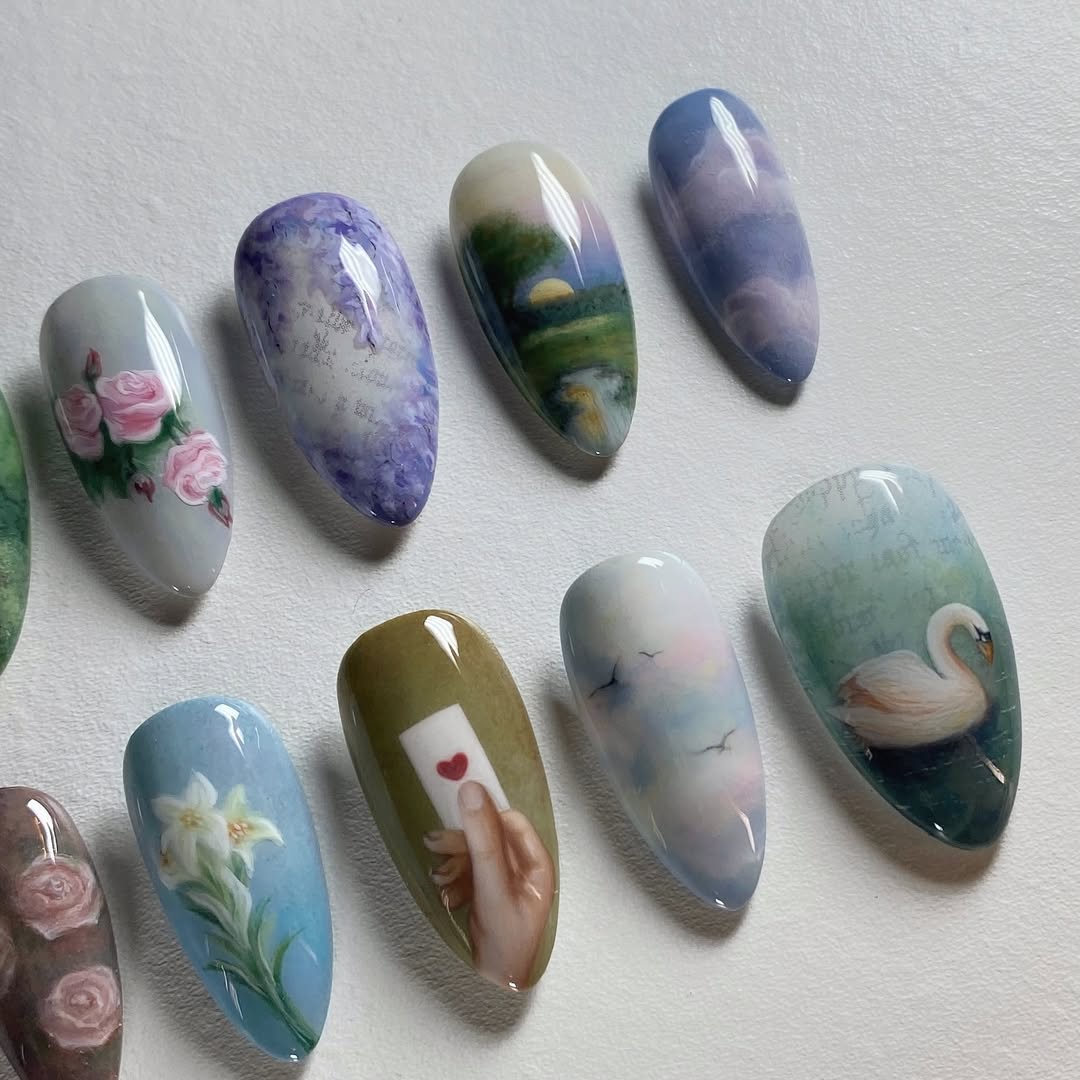 Romantic Cottagecore Press-On Nails with Swan and Flowers
