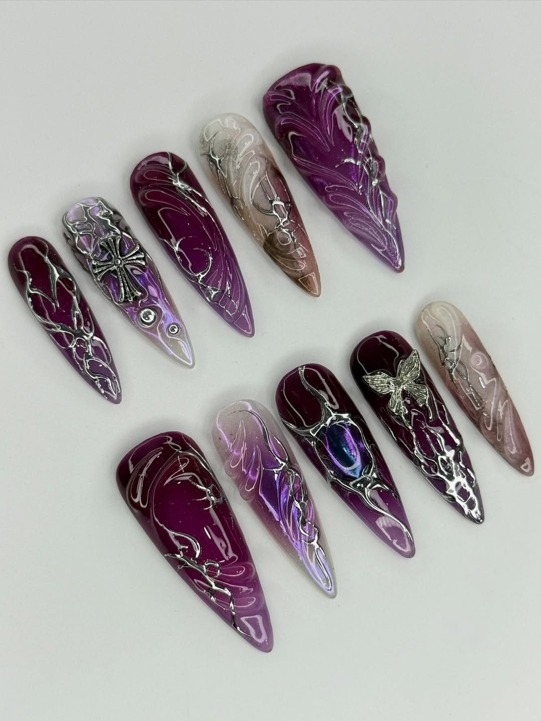 Purple Gothic Press On Nails with 3D Embellishments