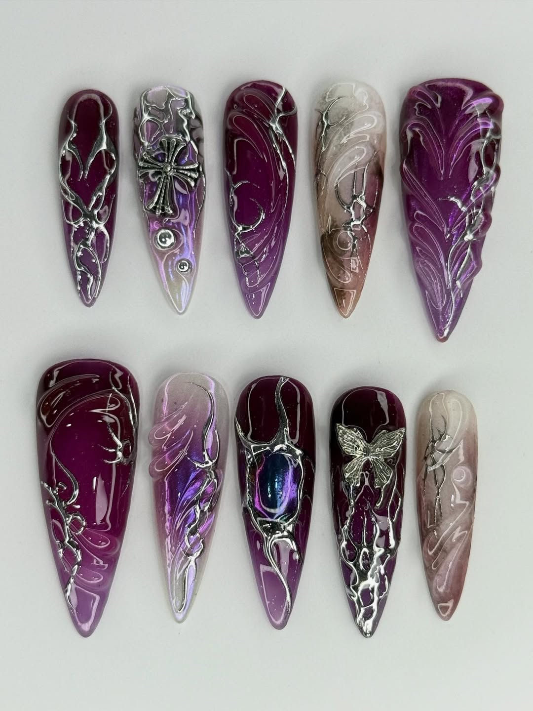 Purple Gothic Press On Nails with 3D Embellishments