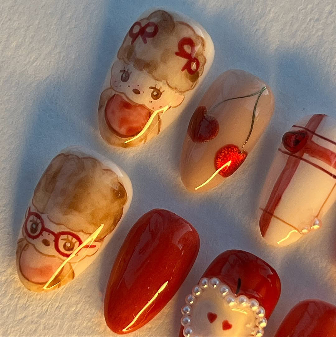 Sweetheart Kawaii 3D Press-On Nails with Cherries, Bows & Pearls