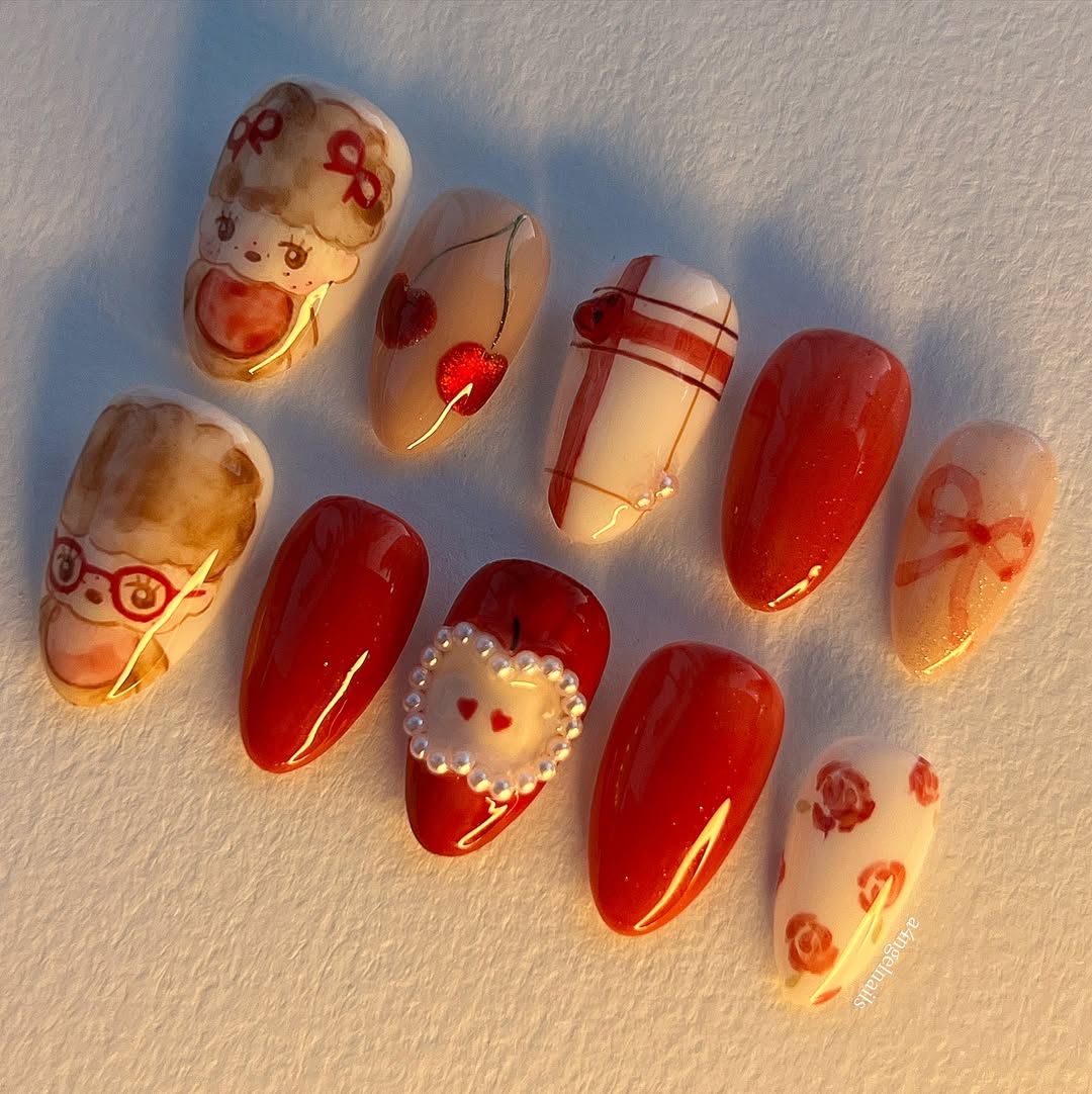 Sweetheart Kawaii 3D Press-On Nails with Cherries, Bows & Pearls