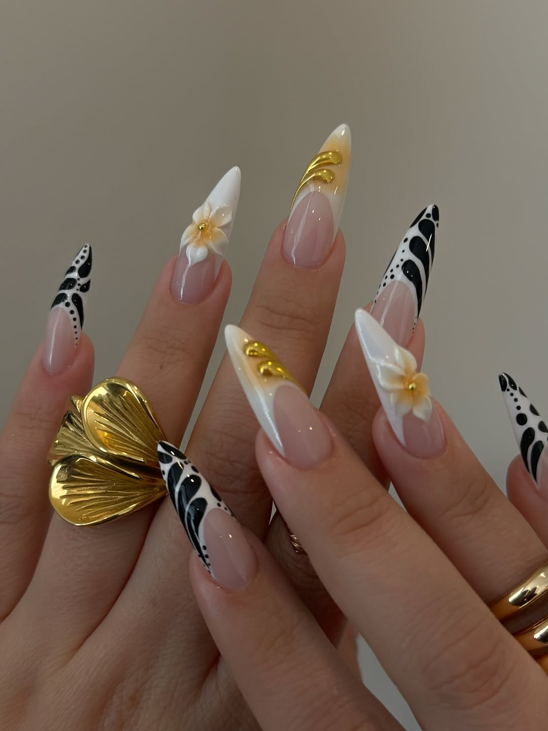 Elegant White and Gold 3D Press-On Nails with Floral Accents