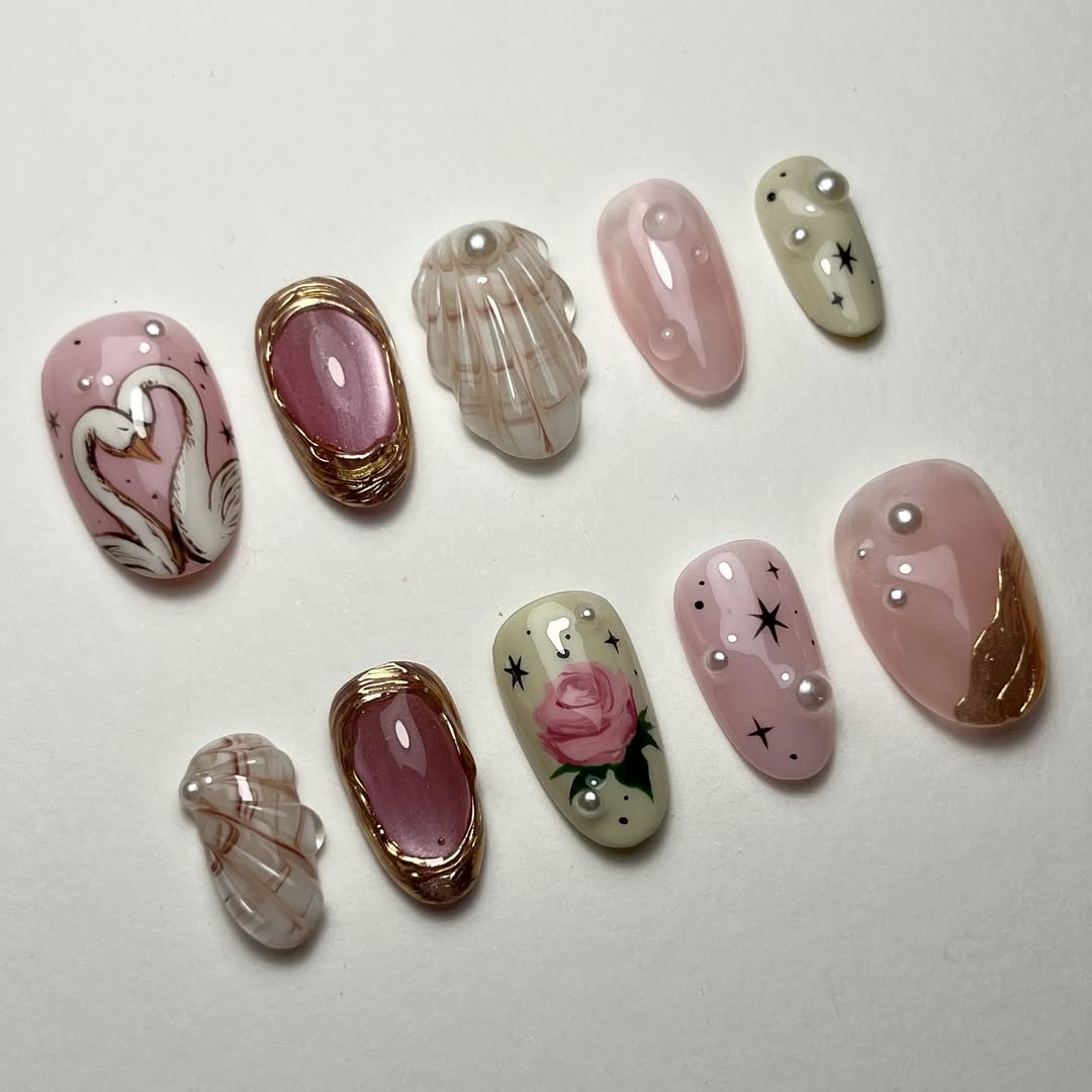 Fairytale Romance 3D Press-On Nails with Swans, Roses & Pearls