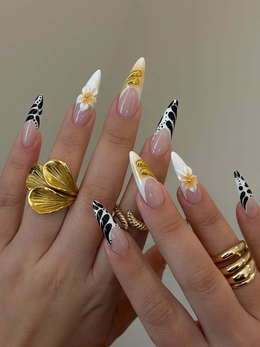 Elegant White and Gold 3D Press-On Nails with Floral Accents