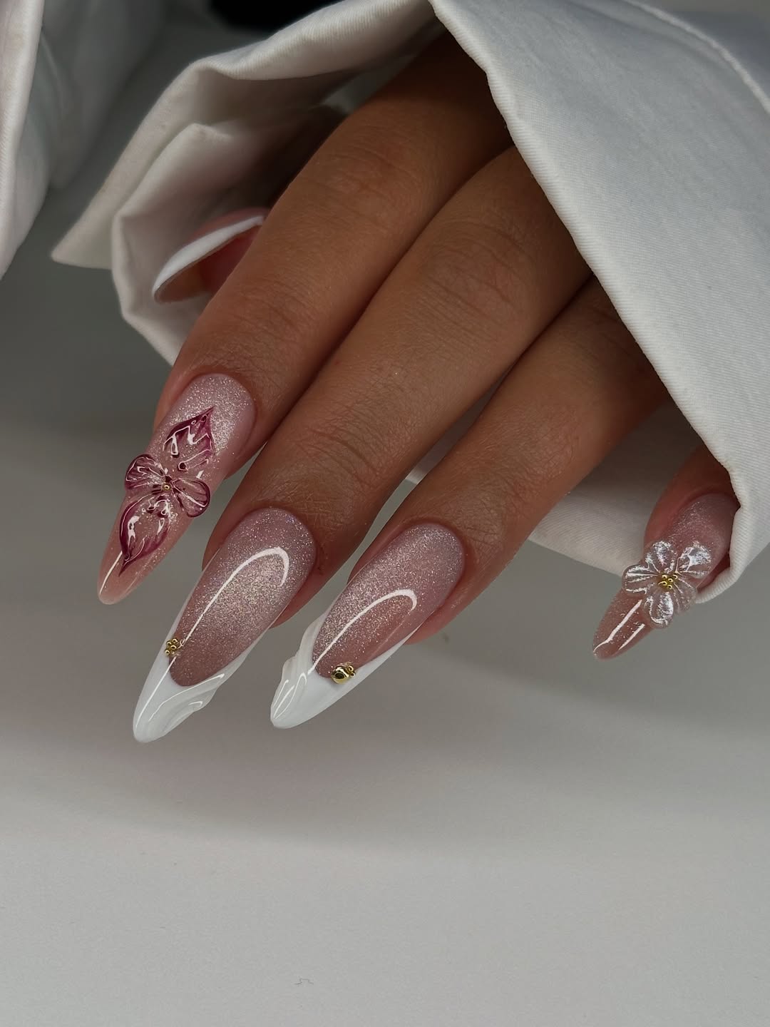 Shimmer Pink Glitter Press-On Nails with White French Tips and 3D Flowers