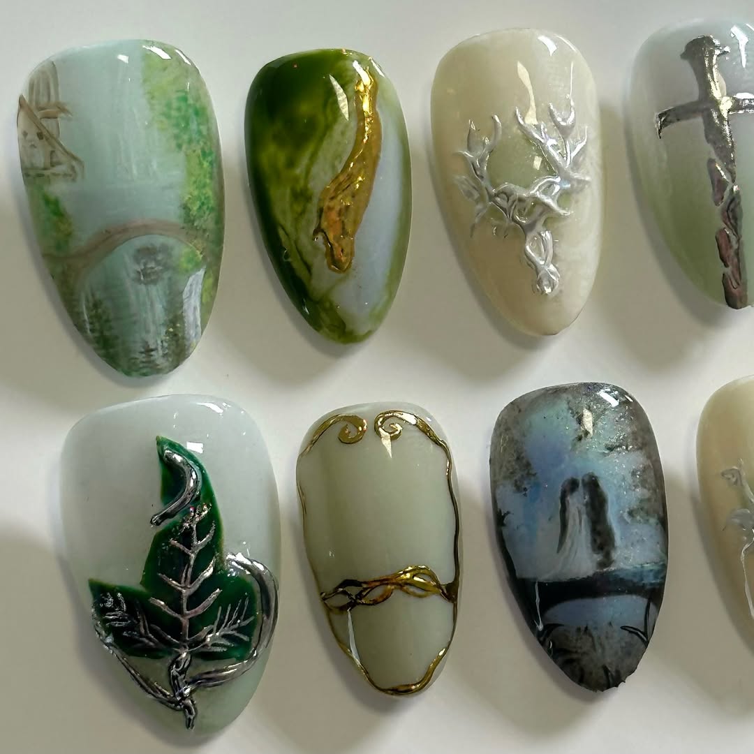 Mystical Elven Forest Press-On Nails with Fantasy Sword & Nature Art