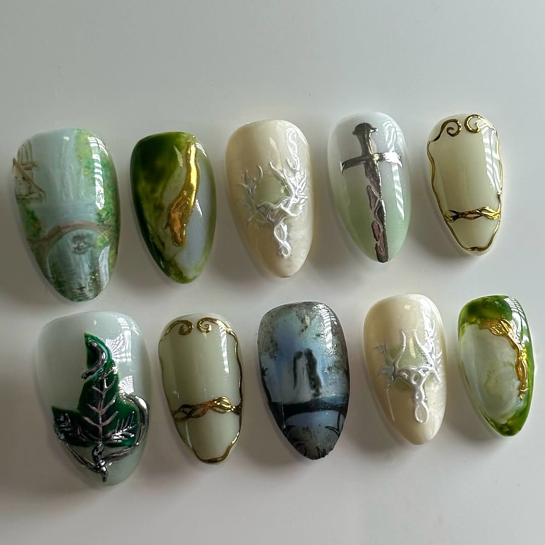 Mystical Elven Forest Press-On Nails with Fantasy Sword & Nature Art