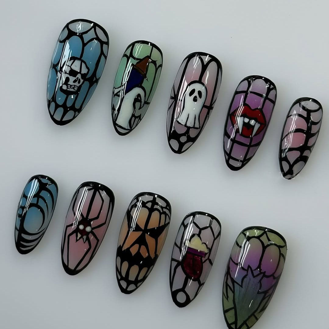 Halloween Stained Glass Press On Nails – Spooky Gothic Art