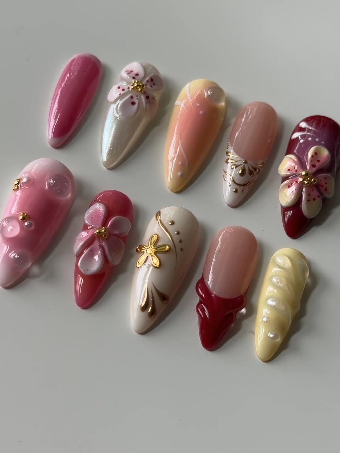 Handmade Press-On Nails with 3D Floral Pink and Red Accents