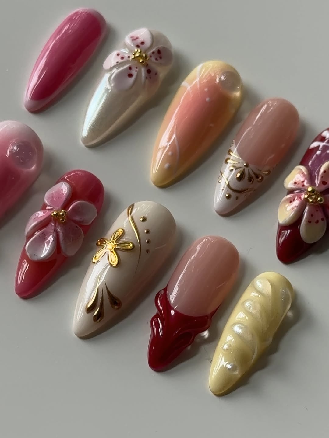 Handmade Press-On Nails with 3D Floral Pink and Red Accents