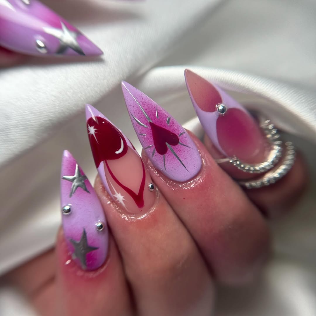 Handmade Press-On Nails with Pink Hearts, Stars, and Lunar Accents