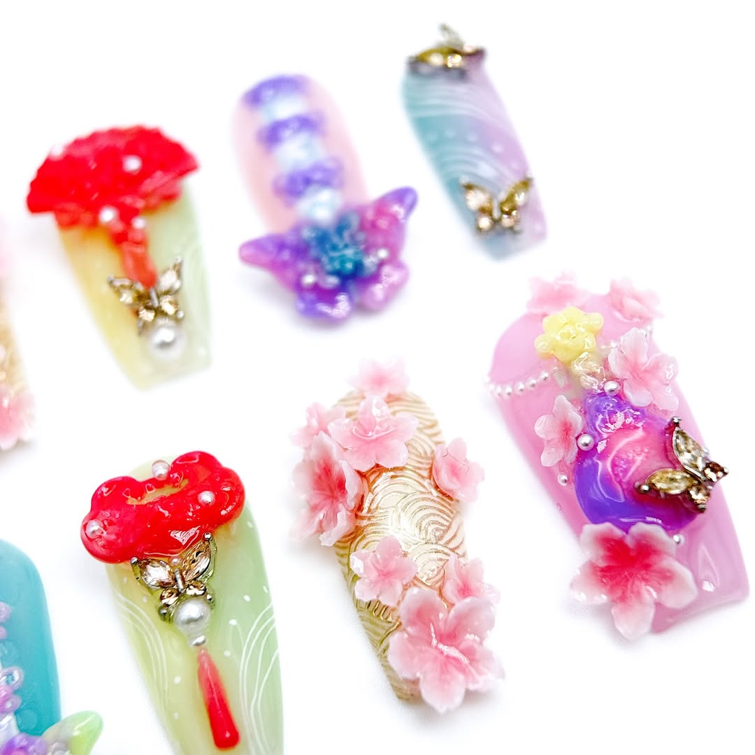 Handmade Press-On Nails with 3D Flowers, Butterflies, and Fairy Accents