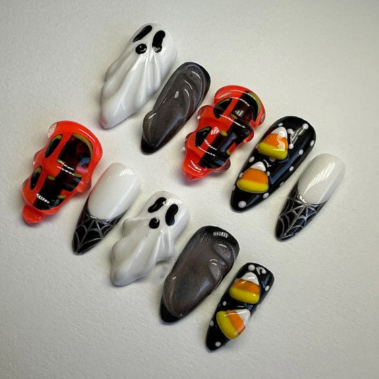 3D Halloween Press-On Nails with Ghosts, Candy Corn, and Web Designs