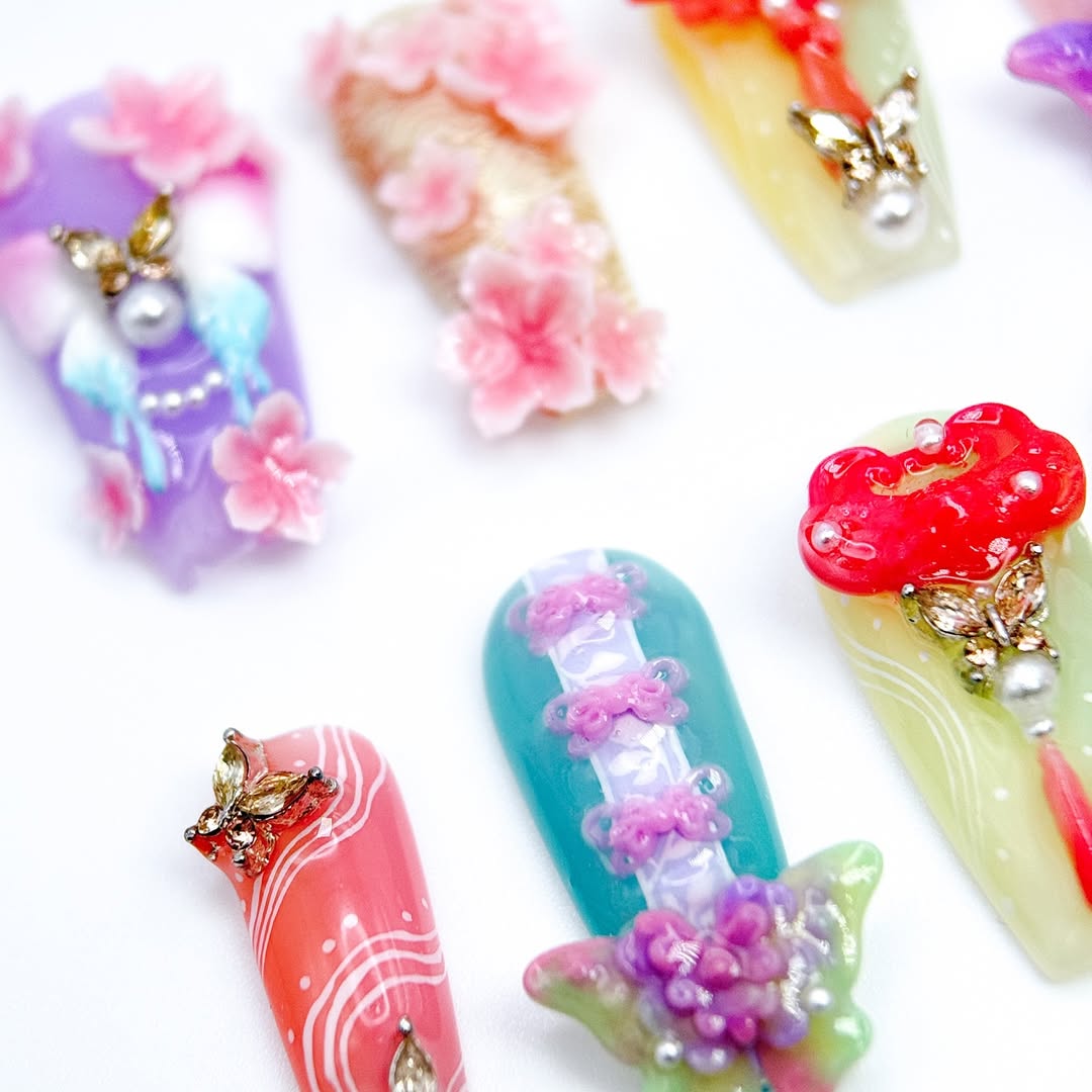 Handmade Press-On Nails with 3D Flowers, Butterflies, and Fairy Accents