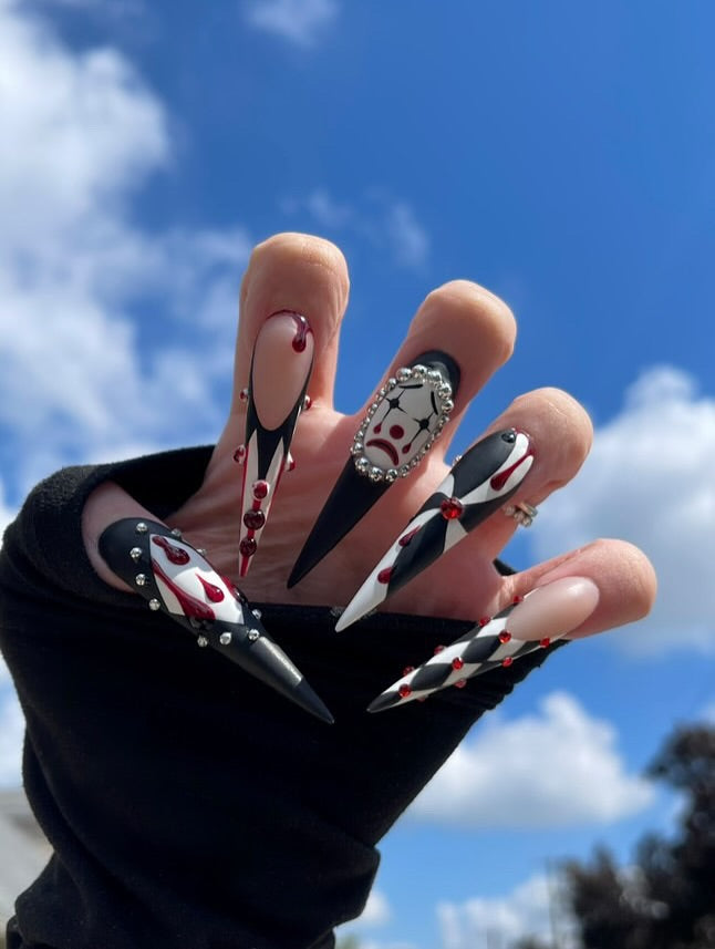 Creepy Clown Harlequin Press-On Nails with Gothic Blood Drip Art