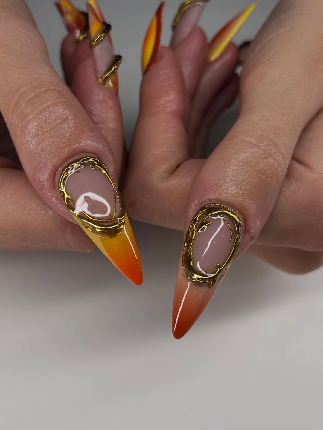 Handmade Press-On Nails with Fiery Sunset Gradient and Gold Accents