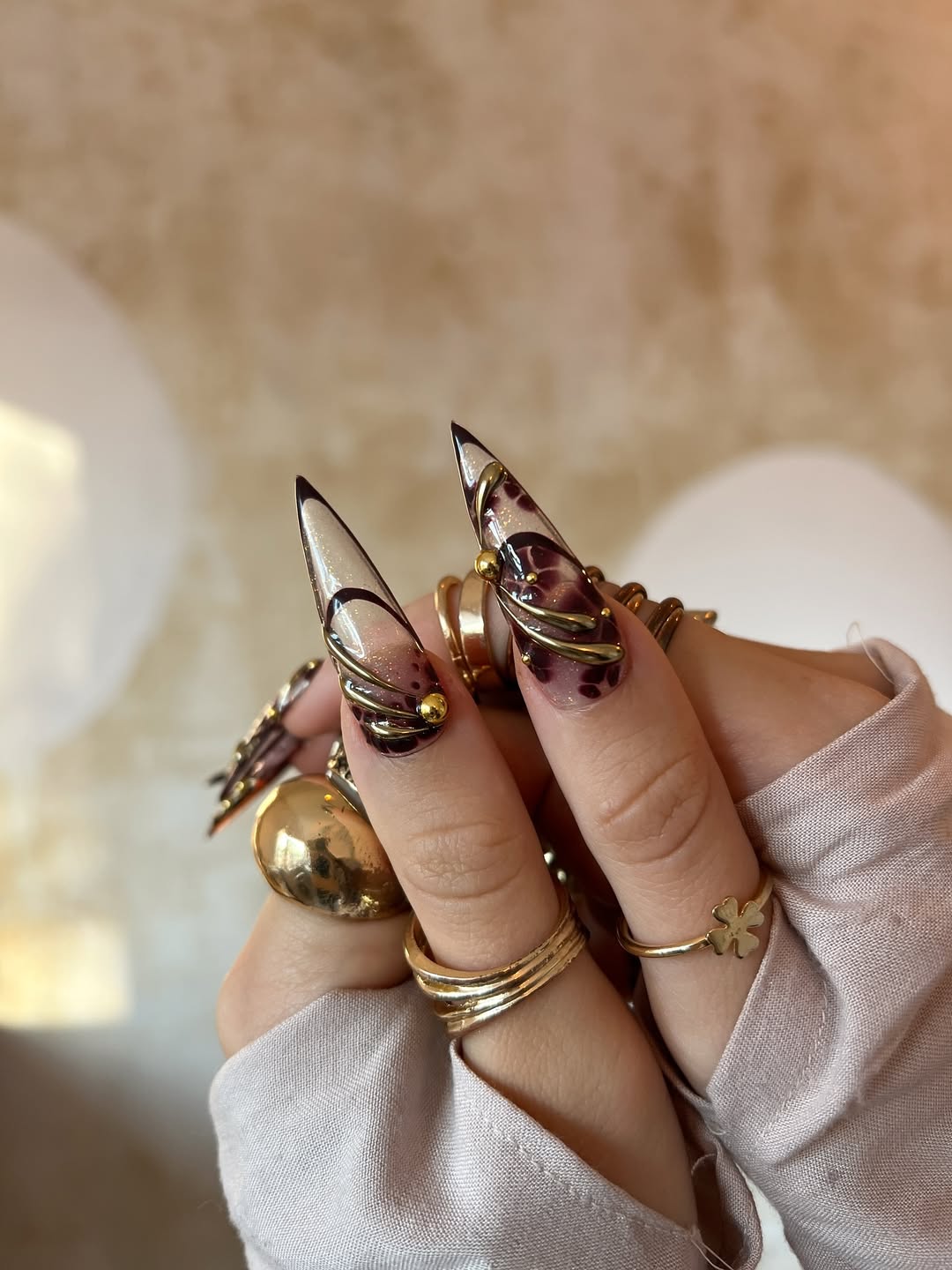 Handmade Press-On Nails with Burgundy Gold Swirls and 3D Floral Accents