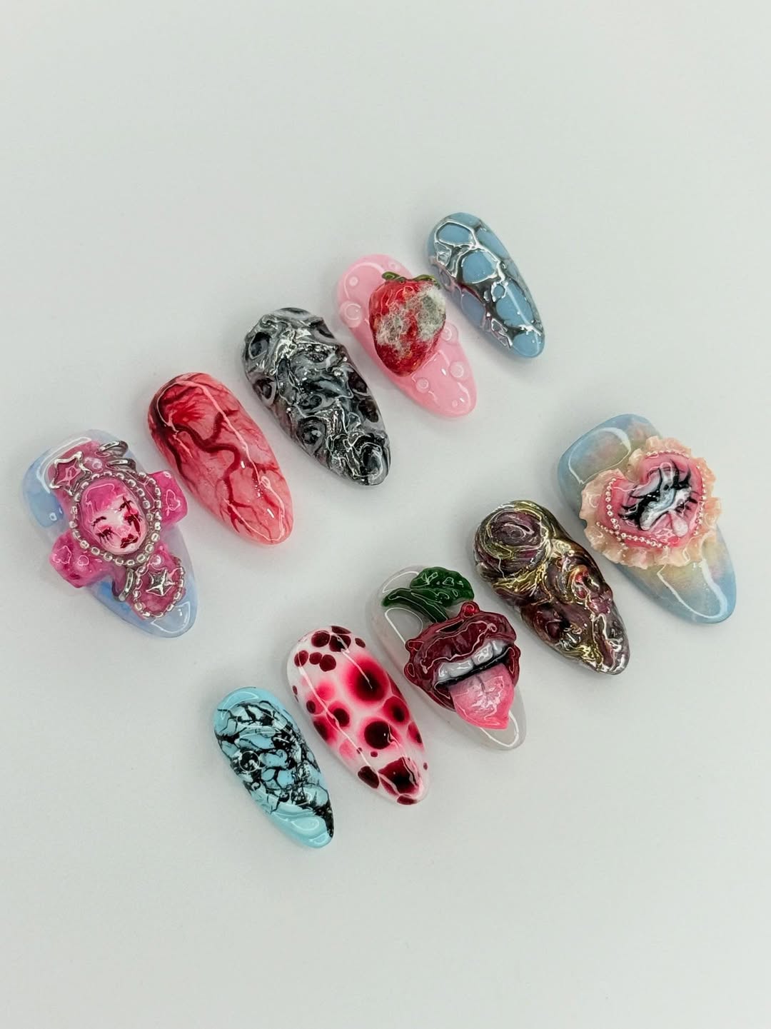 Avant-Garde Press-On Nails with 3D Lips, Cameo, and Gothic Details