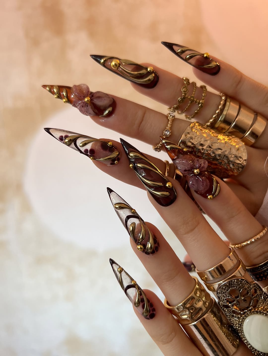 Handmade Press-On Nails with Burgundy Gold Swirls and 3D Floral Accents