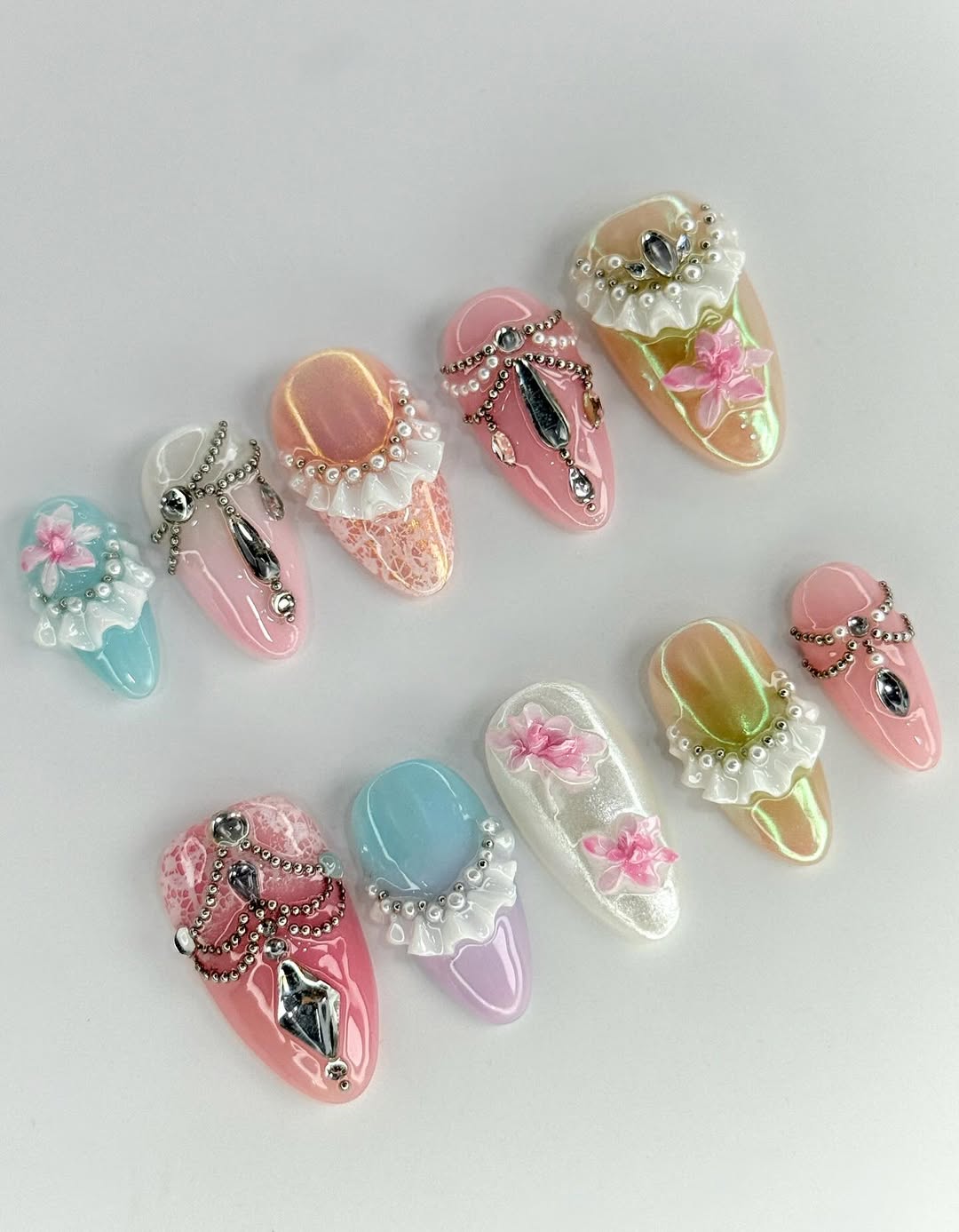 Handmade Press-On Nails with Pearls, Lace Ruffles, and Crystal Accents