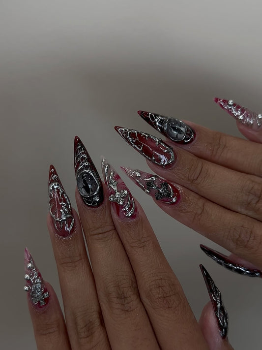 3D Gothic Silver Cross and Cameo Design Handmade Press-On Nails