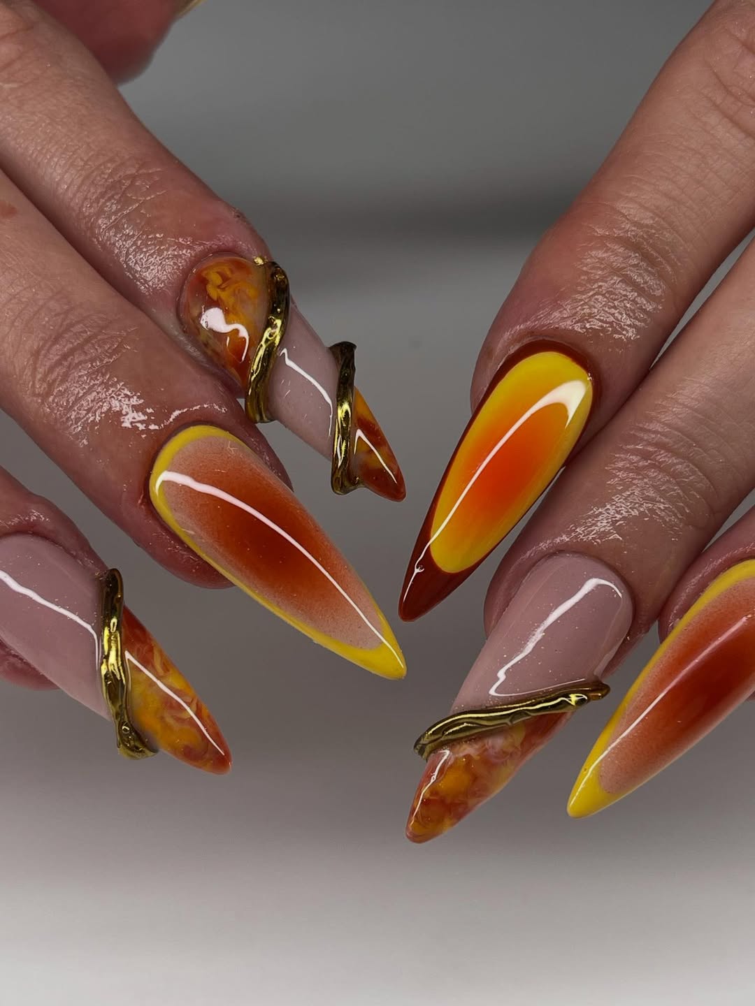 Handmade Press-On Nails with Fiery Sunset Gradient and Gold Accents