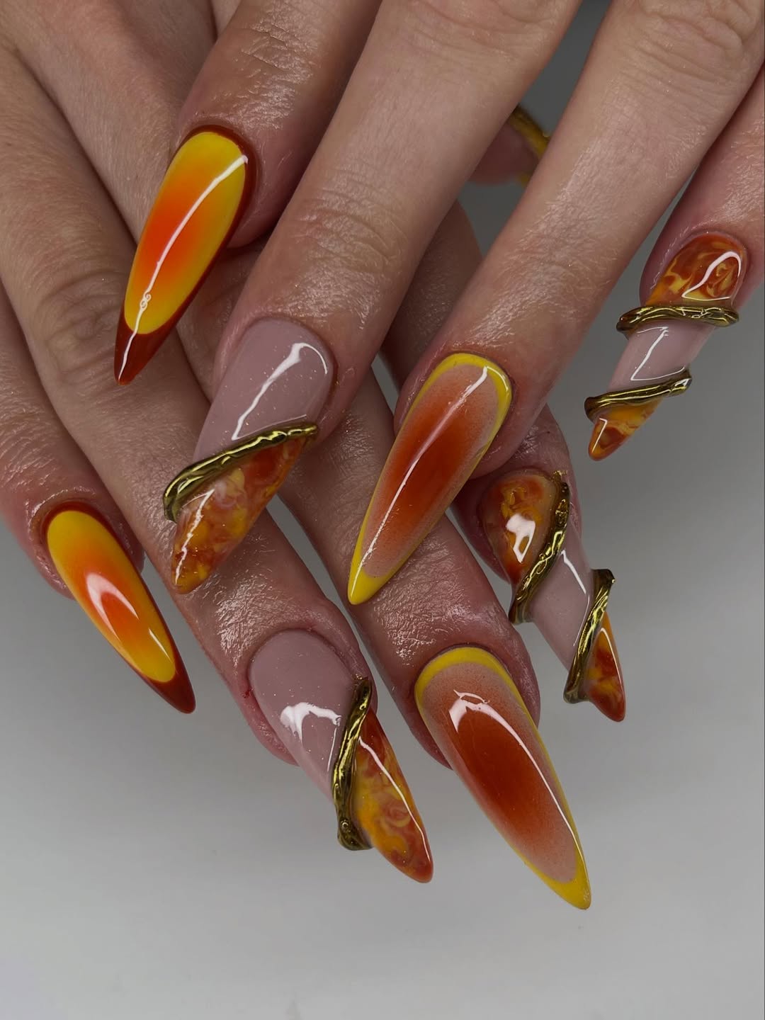 Handmade Press-On Nails with Fiery Sunset Gradient and Gold Accents
