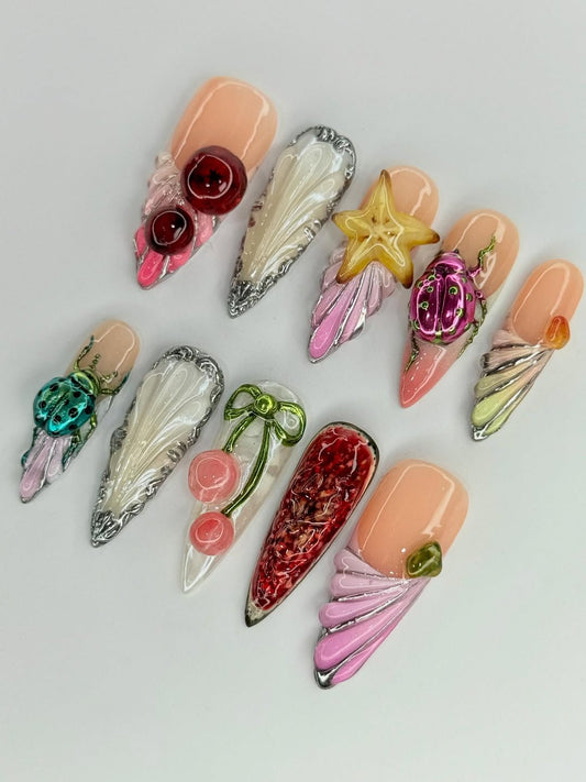 3D Fruit, Insect, and Abstract Art Design Handmade Press-On Nails