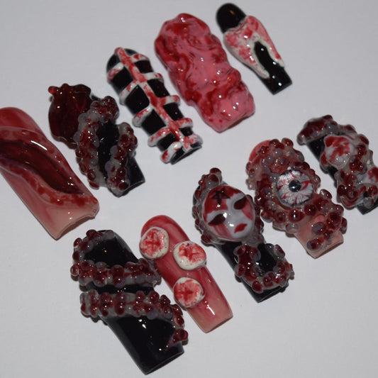 3D Horror Gore Press-On Nails with Tentacles, Eye, and Bone Art