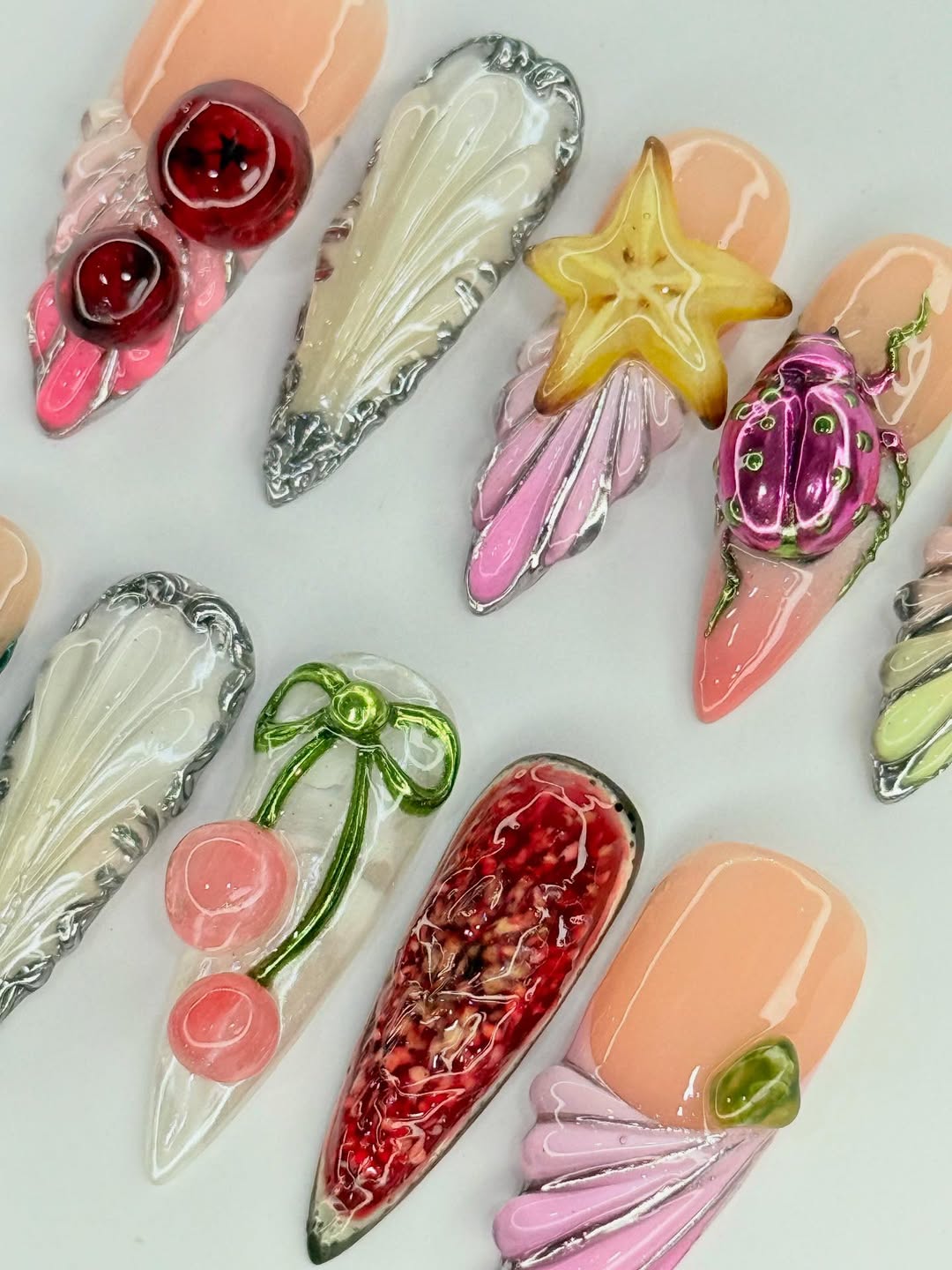 3D Fruit, Insect, and Abstract Art Design Handmade Press-On Nails