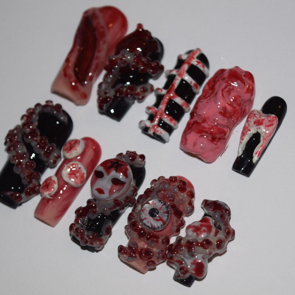 3D Horror Gore Press-On Nails with Tentacles, Eye, and Bone Art