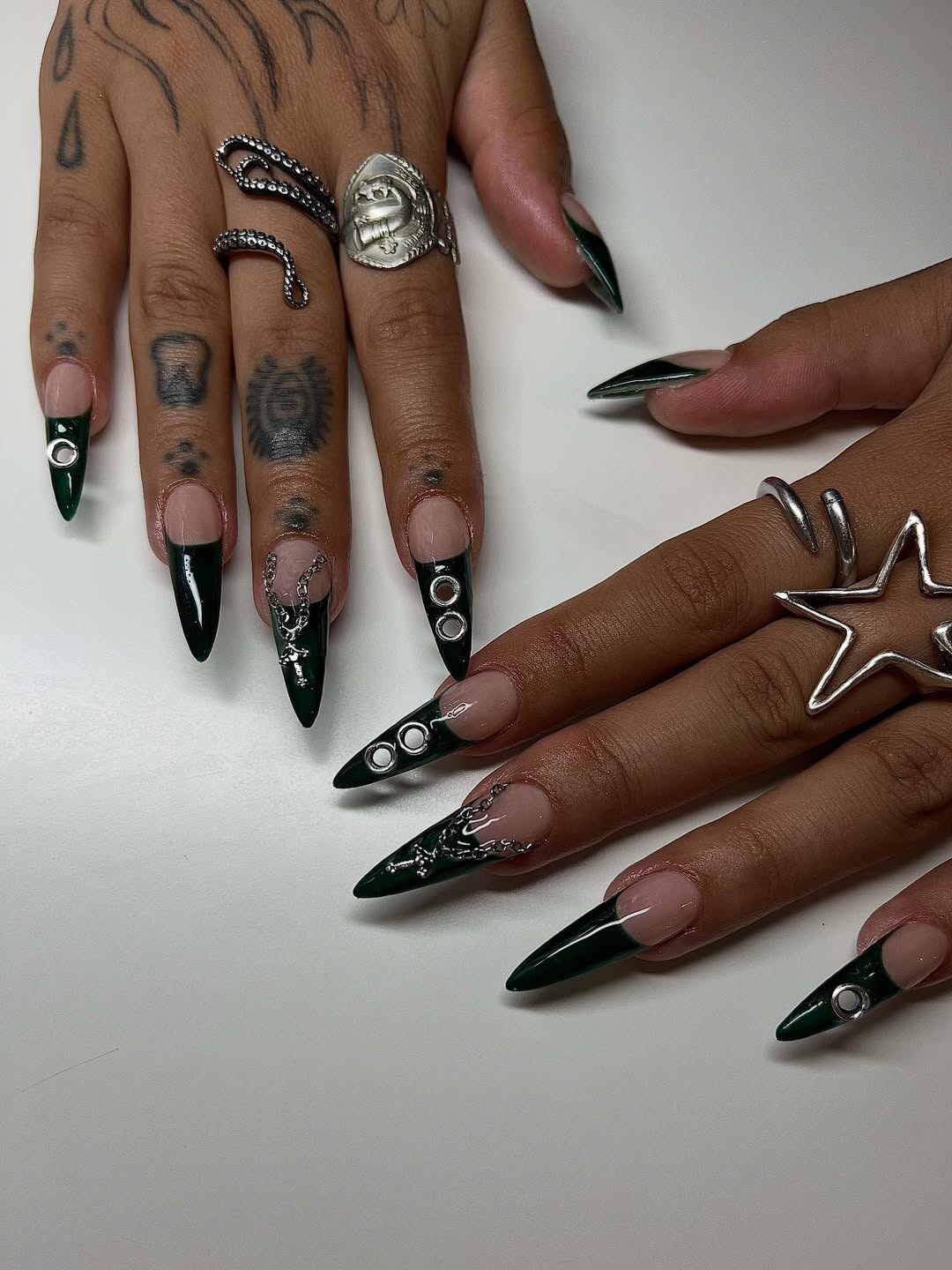 Dark Green French Tip Press-On Nails with Chains and Metal Rings