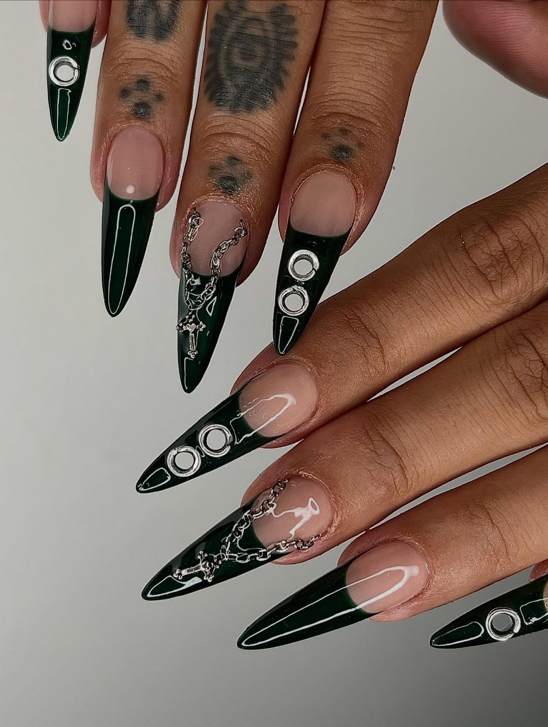 Dark Green French Tip Press-On Nails with Chains and Metal Rings