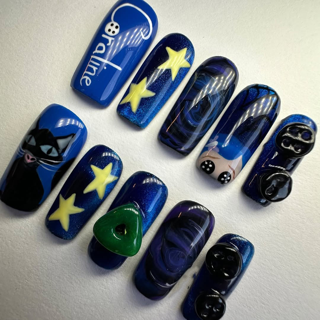 Coraline Inspired Press-On Nails with Stars, Buttons, Cat, and 3D Art