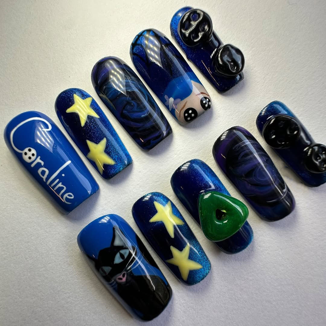 Coraline Inspired Press-On Nails with Stars, Buttons, Cat, and 3D Art