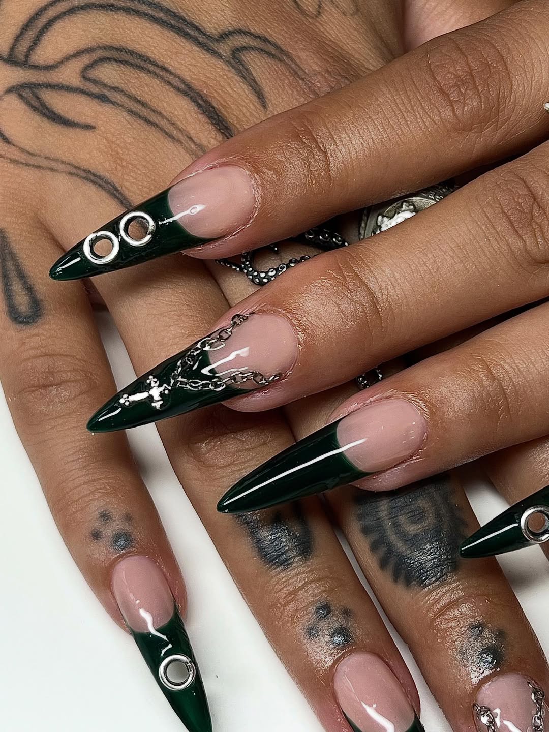 Dark Green French Tip Press-On Nails with Chains and Metal Rings