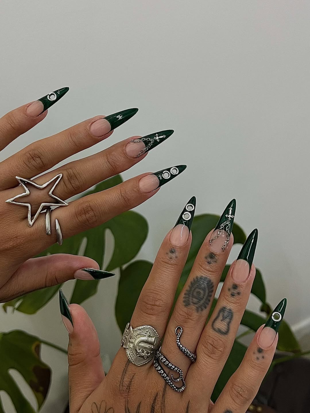 Dark Green French Tip Press-On Nails with Chains and Metal Rings