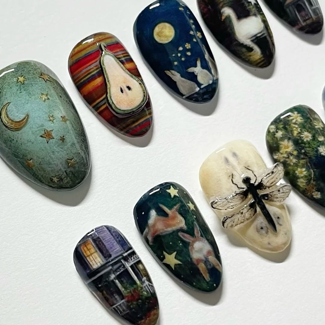 Hand-Painted Storybook Press-On Nails with Rabbits, Stars, and Dragonfly