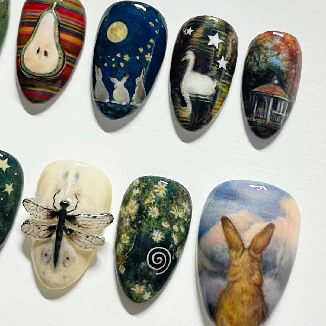 Hand-Painted Storybook Press-On Nails with Rabbits, Stars, and Dragonfly