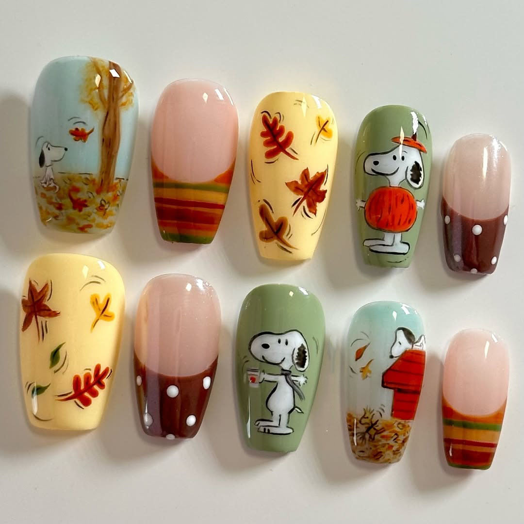 Handmade Snoopy Autumn Pumpkin Falling Leaves Artistic Nails