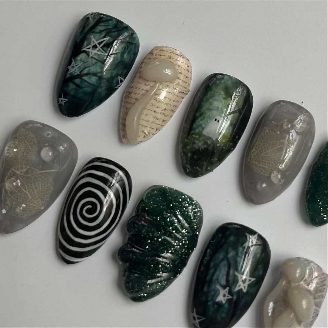 Mystical Dark Forest Press-On Nails with Ghost, Mushroom and Spiral