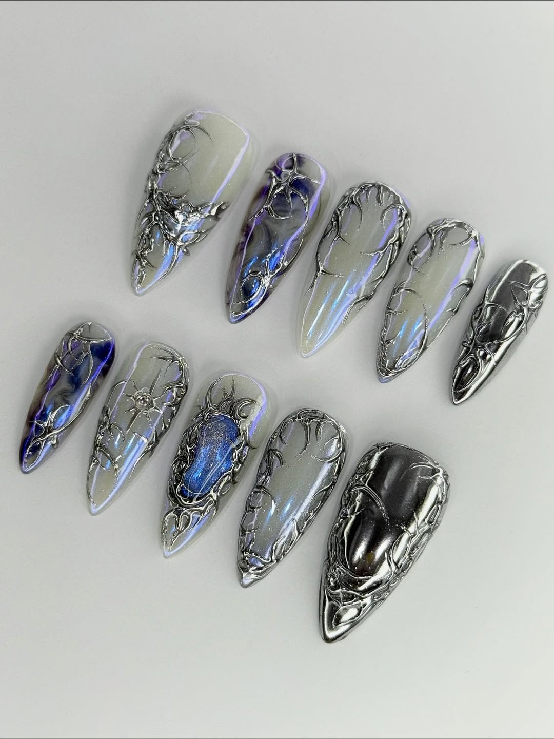 Silver Chrome Galaxy Effect Gothic Press On Nails Set