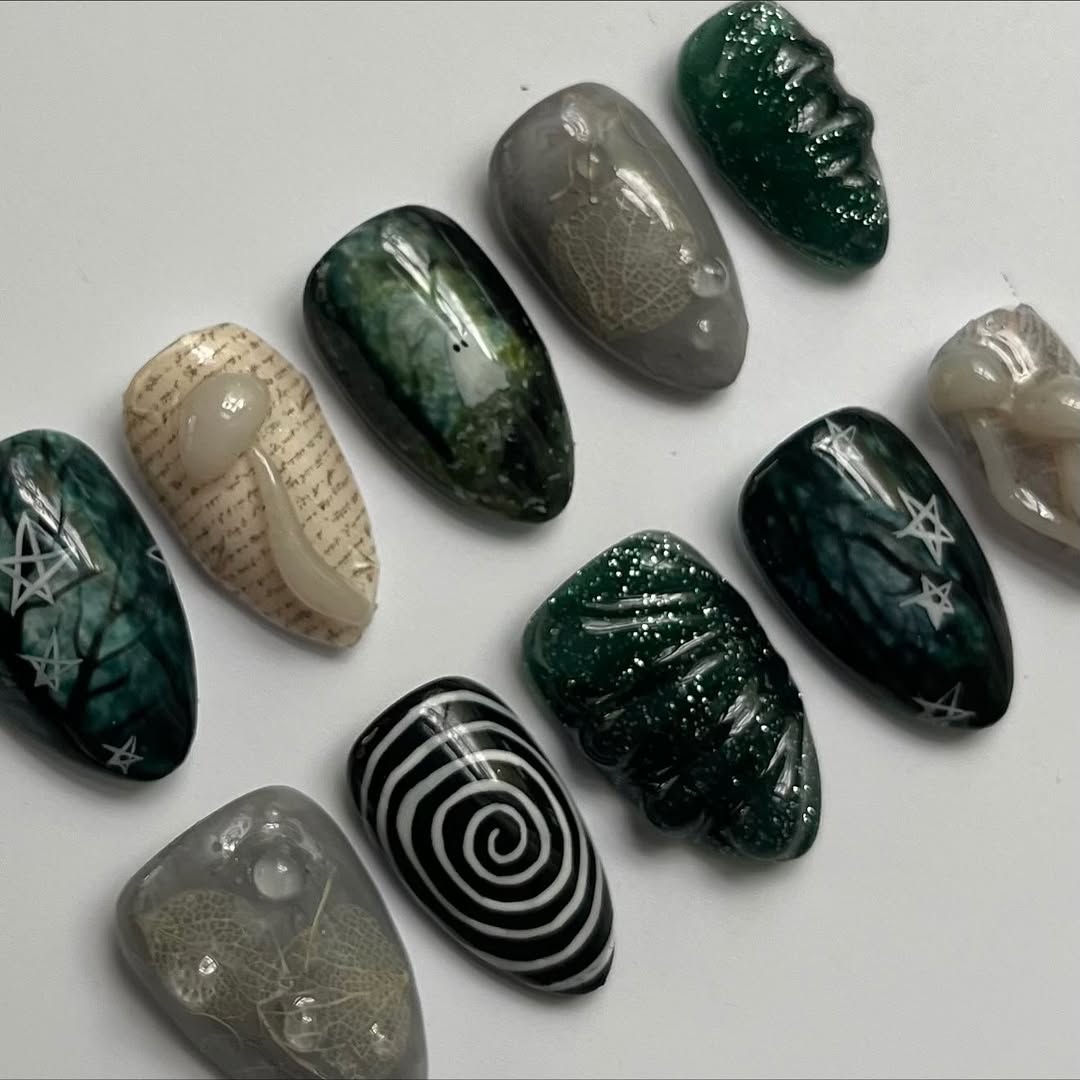 Mystical Dark Forest Press-On Nails with Ghost, Mushroom and Spiral