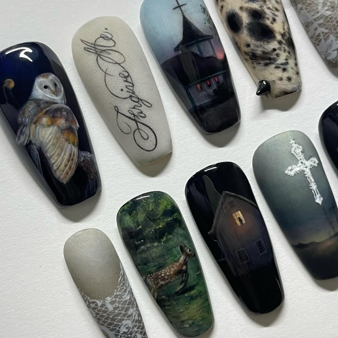 Dark Gothic Owl Church Cross Haunted Handmade Nails