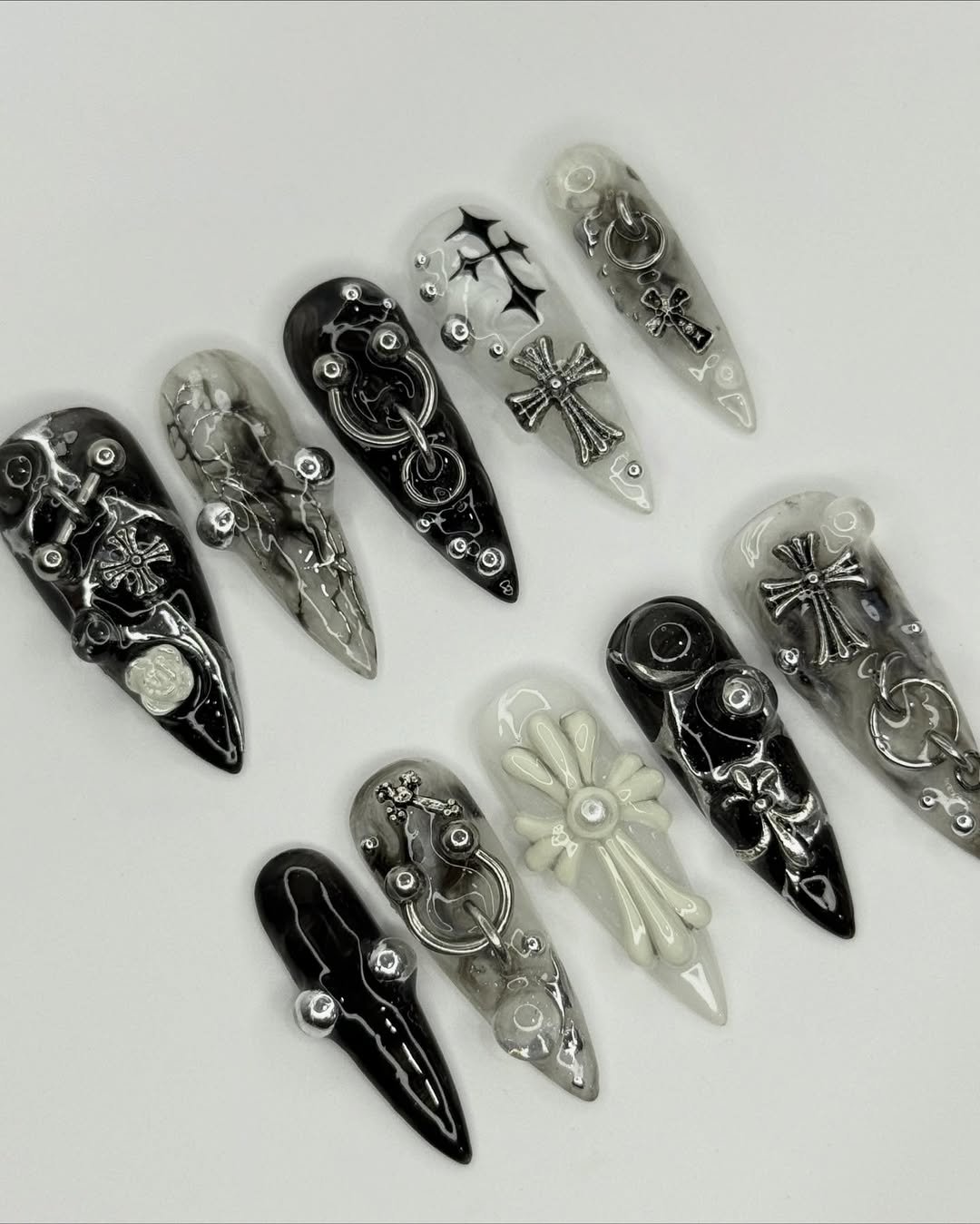 Black White Gothic Cross Piercing Punk Handmade Nails