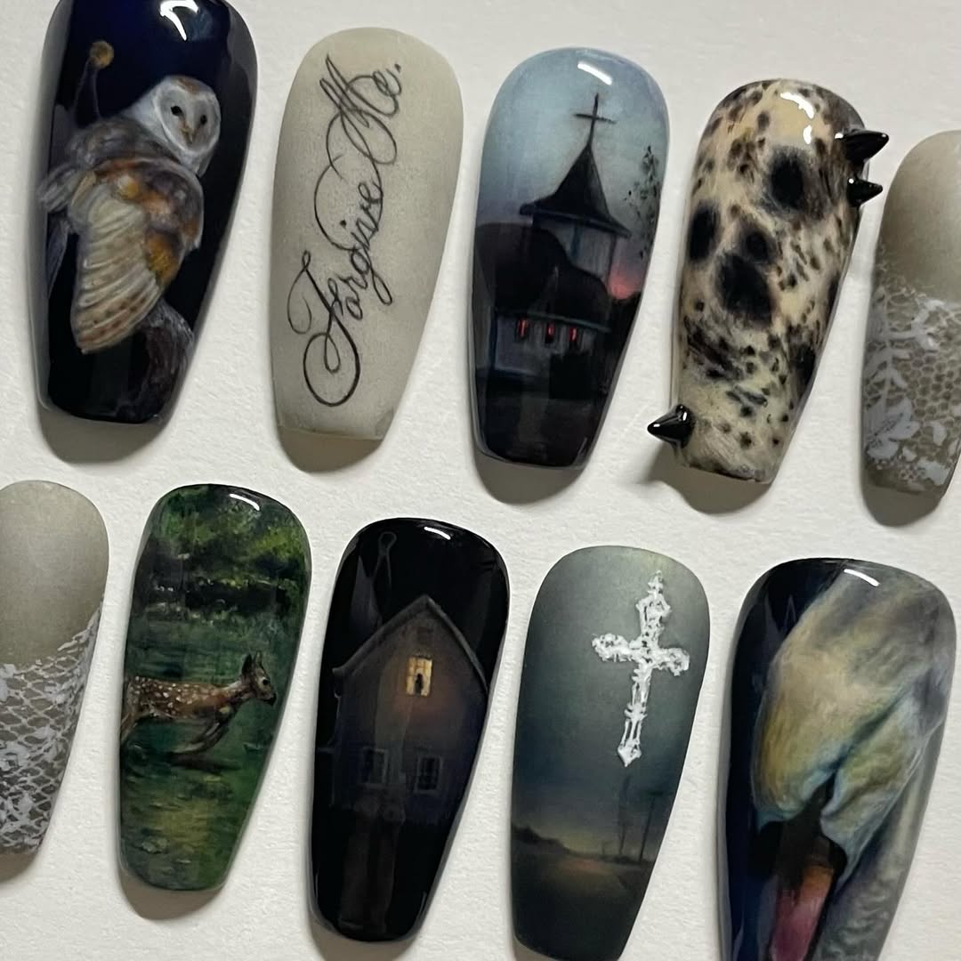 Dark Gothic Owl Church Cross Haunted Handmade Nails